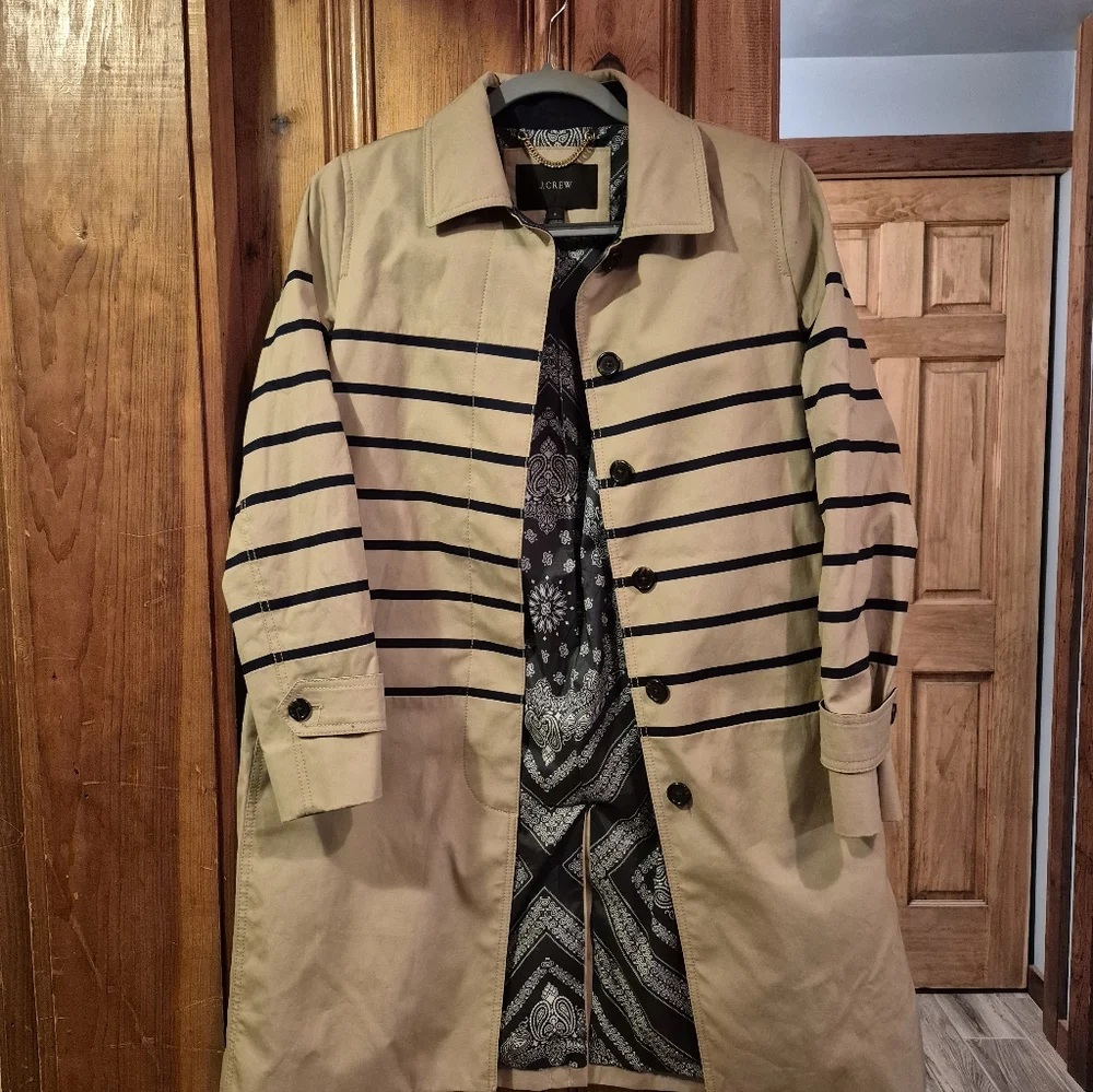 J.Crew Women's Size 6 Striped Beige Navy Blue Trench Coat Jacket